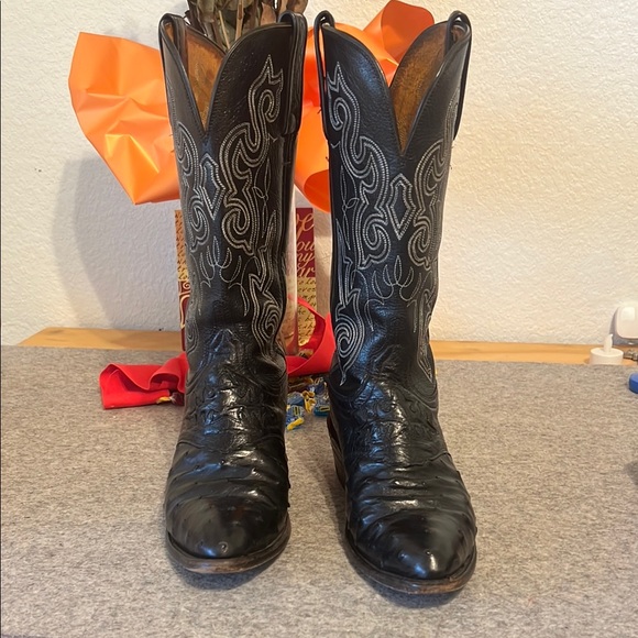 Lucchese Shoes - Lucchese Black Ostrich Heeled Boots with Intricate Stitching Sz 7 1/2 EUC